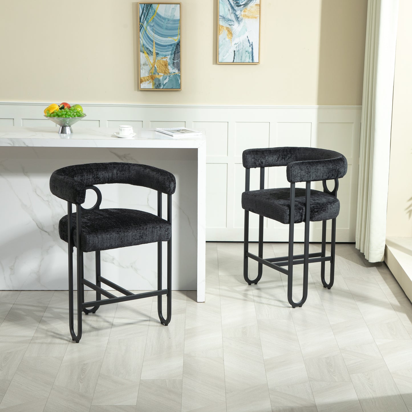 Rafferty - Set of 2 - 24" Black Chenille Upholstered Modern Bar Stool with Backrest, Black Metal Frame for Kitchen Island, Pub, or Club