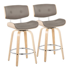 Lombardi - Set of 2 - 26" Mid-Century Modern Fixed-Height Counter Stool with Swivel, Natural Wood & Light Grey Faux Leather