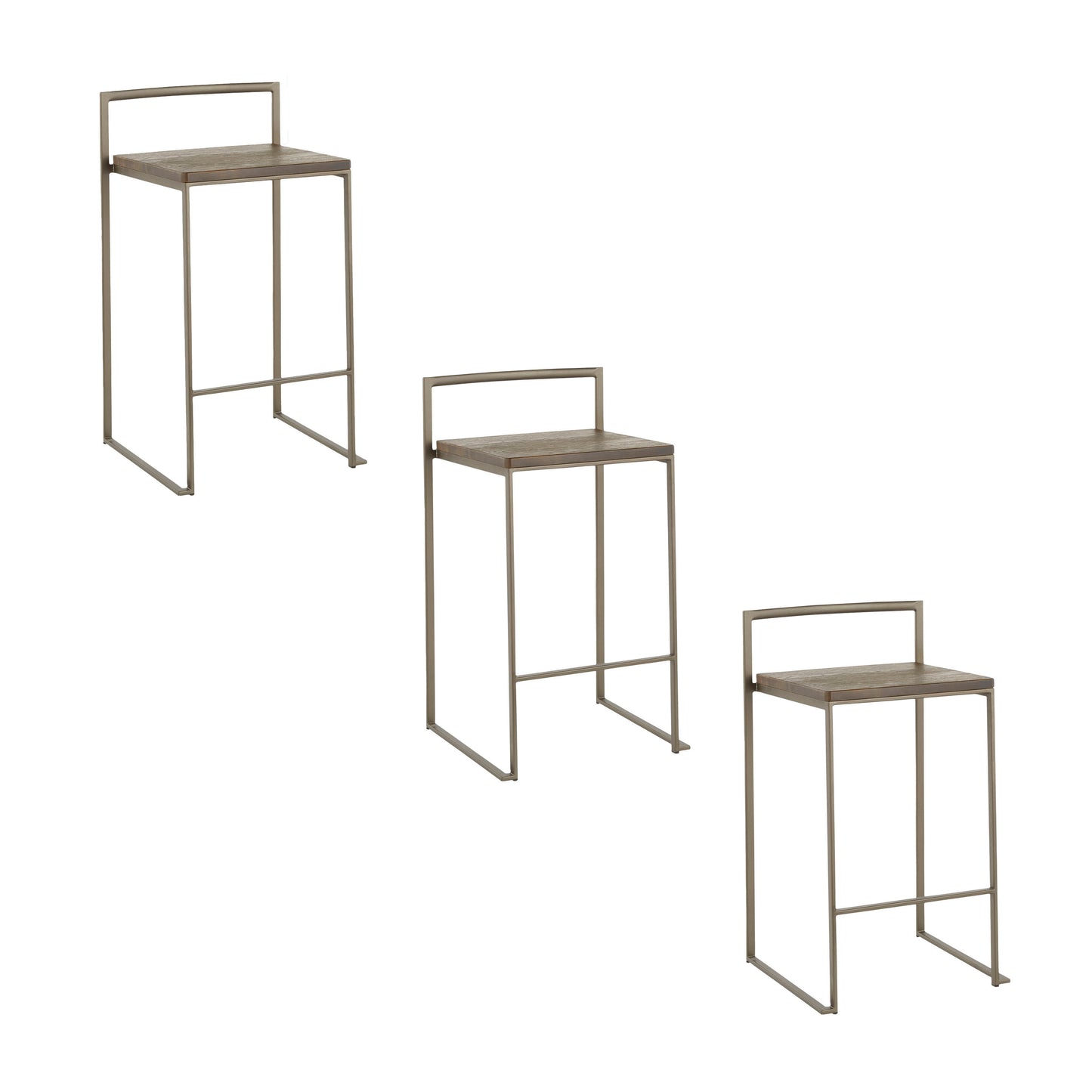 Florelle - Set of 3 - 26" Industrial Stackable Counter Stools with Espresso Bamboo Seat & Antique Metal Frame