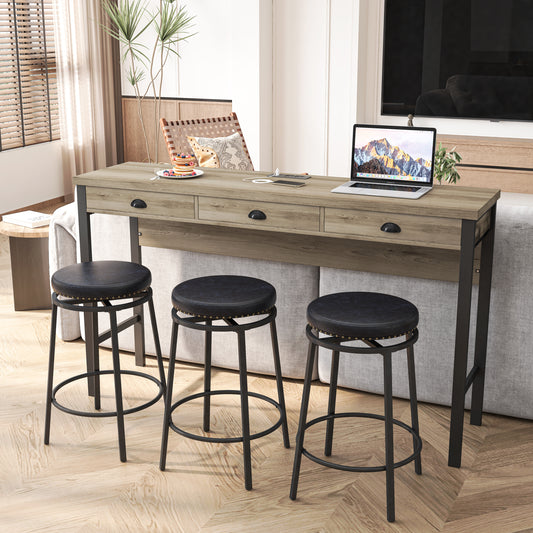 Haisley - Set of 3 - 24" Brown-Gray Dining Table with Drawers, Power Outlets, and Black Swivel Stools