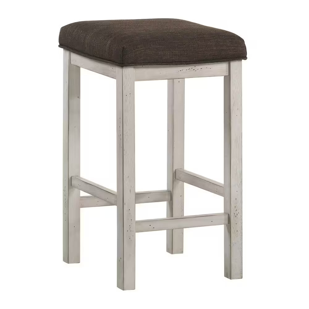 Faylinn - Set of 2 - 26" Farmhouse Solid Wood Counter Height Stools in Antique White & Dark Brown with Linen Upholstered Seat