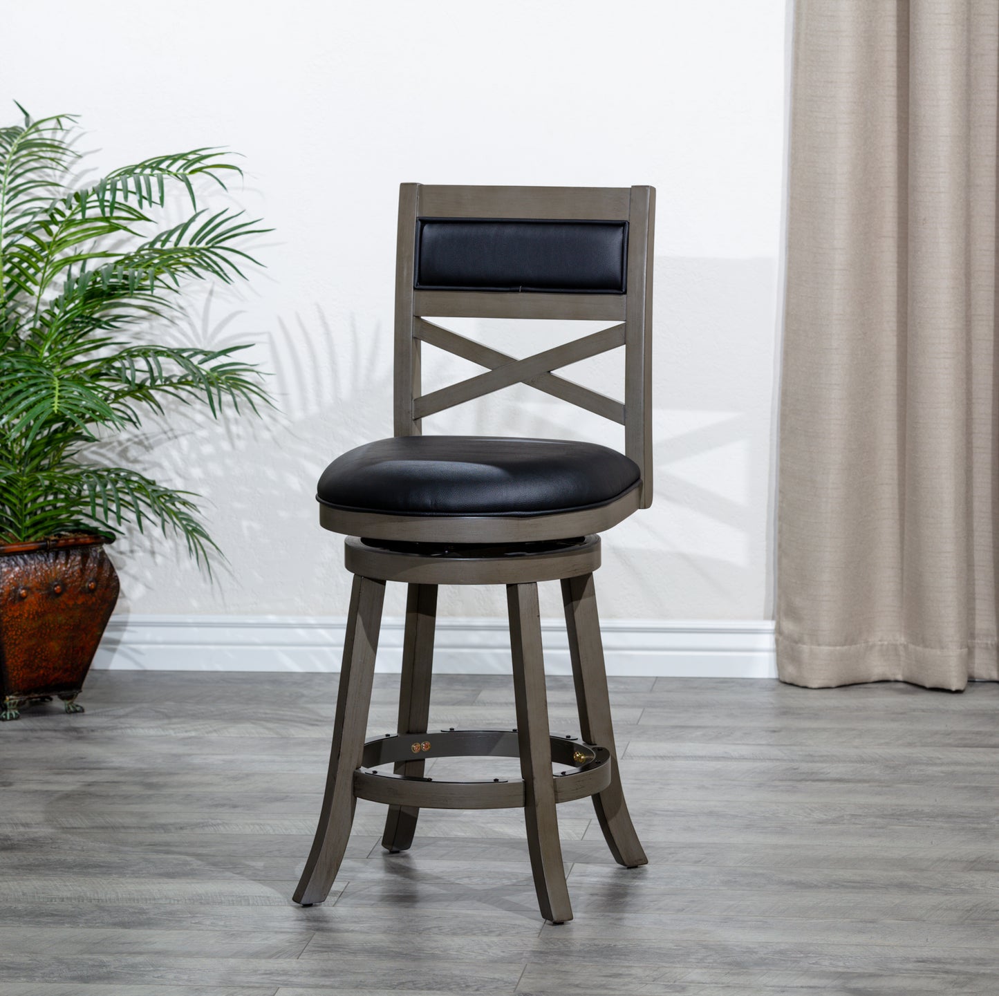 Alphion - Set of 2 – 24" Weathered Gray X-Back Swivel Counter Stools with Black Leather Upholstered Seats