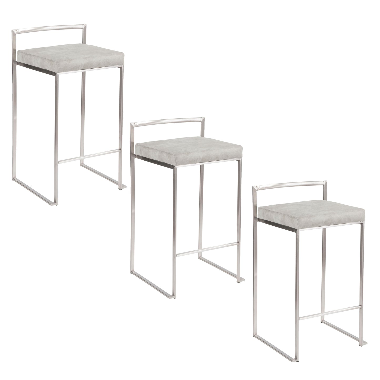 Lora - Set of 3 - 26" Contemporary Stackable Counter Stools with Brushed Stainless Steel & Light Grey Cowboy Fabric Cushion - 16" L x 17.5" W x 31" H