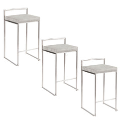 Lora - Set of 3 - 26" Contemporary Stackable Counter Stools with Brushed Stainless Steel & Light Grey Cowboy Fabric Cushion - 16" L x 17.5" W x 31" H