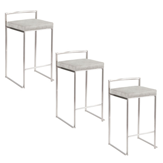 Lora - Set of 3 - 26" Contemporary Stackable Counter Stools with Brushed Stainless Steel & Light Grey Cowboy Fabric Cushion - 16" L x 17.5" W x 31" H