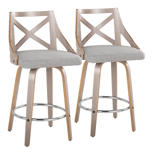 Evelisse - Set of 2 - 26" Light Grey Farmhouse Fixed-Height Swivel Counter Stools with Chrome Footrest and X-Back Design