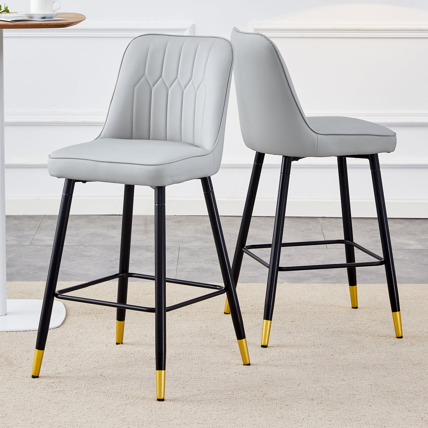 Hamilton - Set of 2 - 29" Light Gray PU Bar Stools with Gold-Decorated Black Metal Legs and Footrest