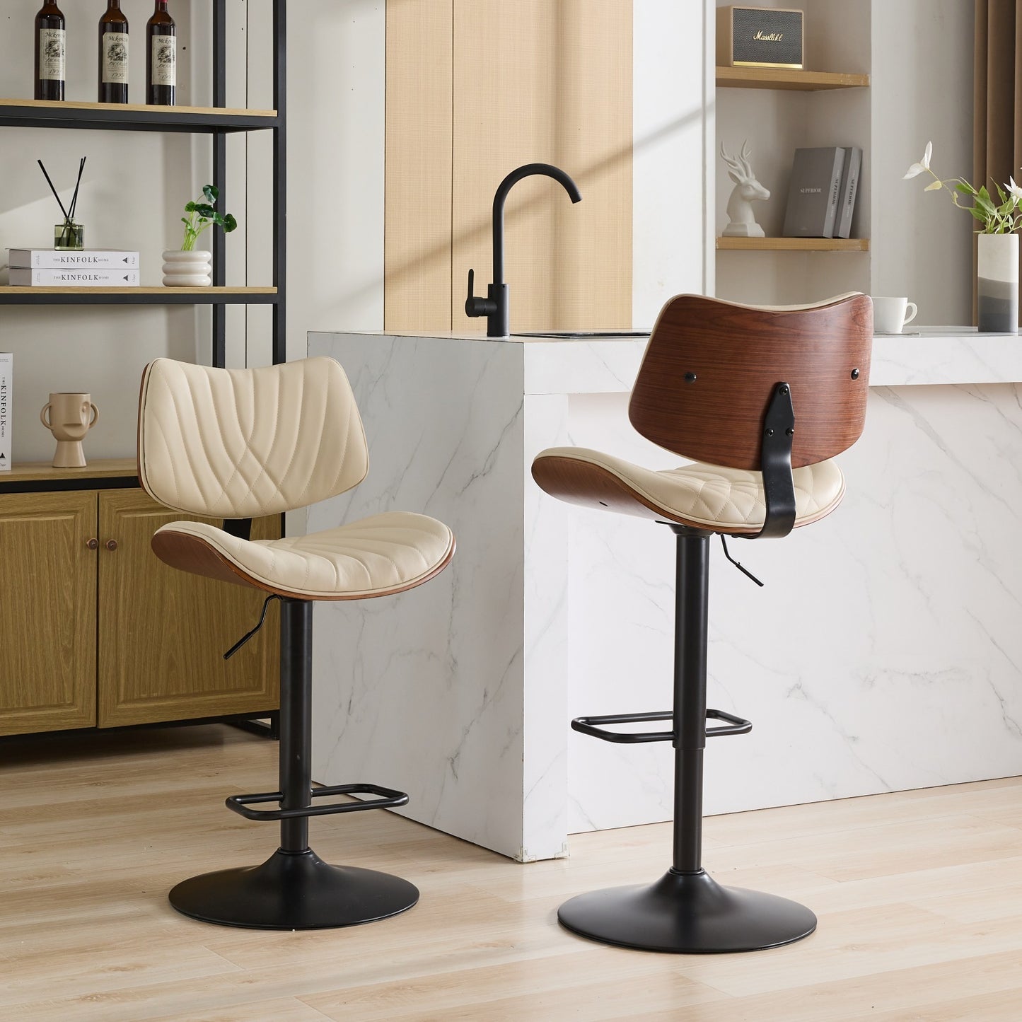 Stafan - Set of 2 - 24" Walnut Bentwood Bar Stools, Mid-Century Modern Adjustable Counter Height, Black Faux Leather Upholstered, 360° Swivel for Kitchen Island/Dining Room, Beige