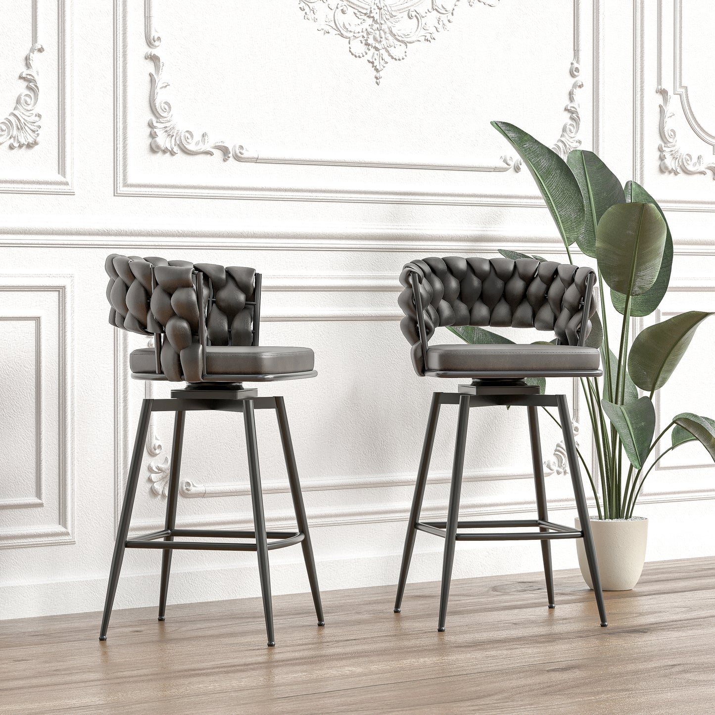 Gatsby - Set of 4 - 28" Tan Woven Leather Bar Stools with 360° Swivel Upholstered Counter Chairs, Back, and Black Metal Legs