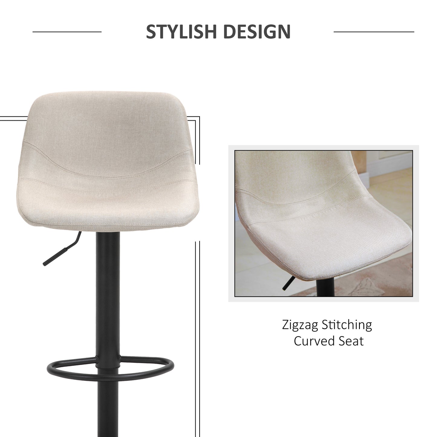 Adero - Set of 2 - 26" Adjustable Cream White Counter Stools with Swivel Cushioned Seats and Sturdy Metal Base