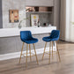 Havrynn - Set of 2 - 30" Blue Velvet Counter Stools with Golden Legs and Chrome Footrest, Modern Design