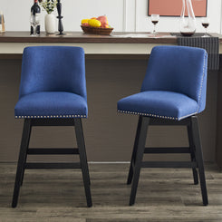 Hesveron - Set of 2 - 26" Dark Blue Upholstered Swivel Bar Stools with High Back, Nailhead Design, Linen Fabric & Wooden Frame for Dining or Kitchen