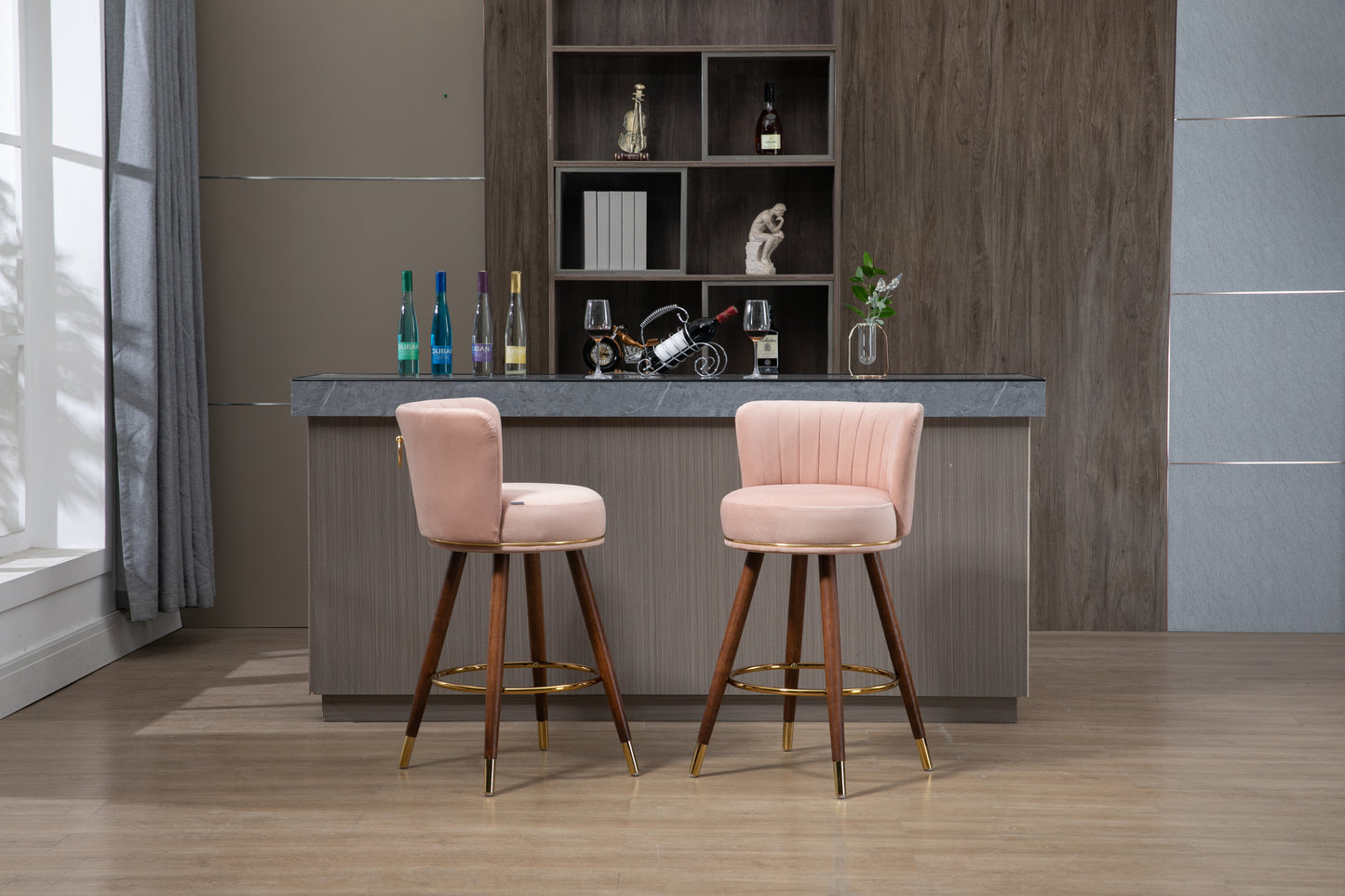 Lavantro - Set of 2 -28" Counter Height Handcrafted Swivel Bar Stools with Pink Fabric, Solid Wood Legs & 360° Rotation - Vintage Retro Design