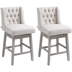 Halloran - Set of 2 - 27" Counter Height Bar Stools with 180° Swivel, Button Tufted Beige Design, and Solid Rubber Wood Footrests