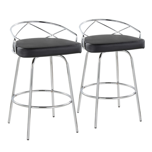 Eulalia - Set of 2 - 26" Fixed-Height Swivel Counter Stools in Chrome and Black Faux Leather with Round Footrest – Luxe Art Deco Design