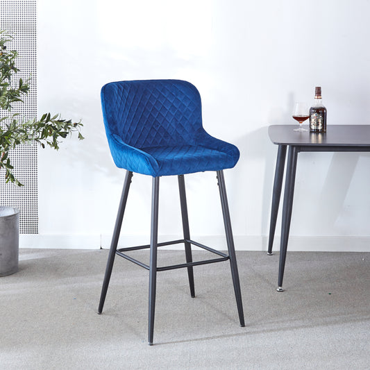 Velon - Set of 2 - 26" Blue Velvet Counter Stools with Curved Backrest, Seat Height, Black Metal Frame