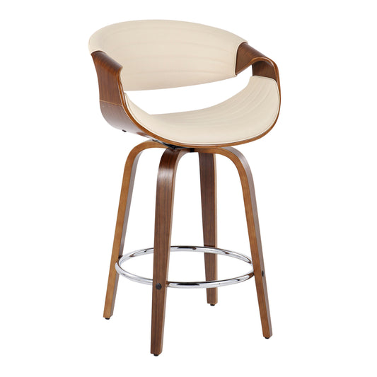 Syvanna - Set of 2 - 26" Mid-Century Modern Swivel Counter Stools with Cream Faux Leather & Walnut Wood, Chrome Footrest