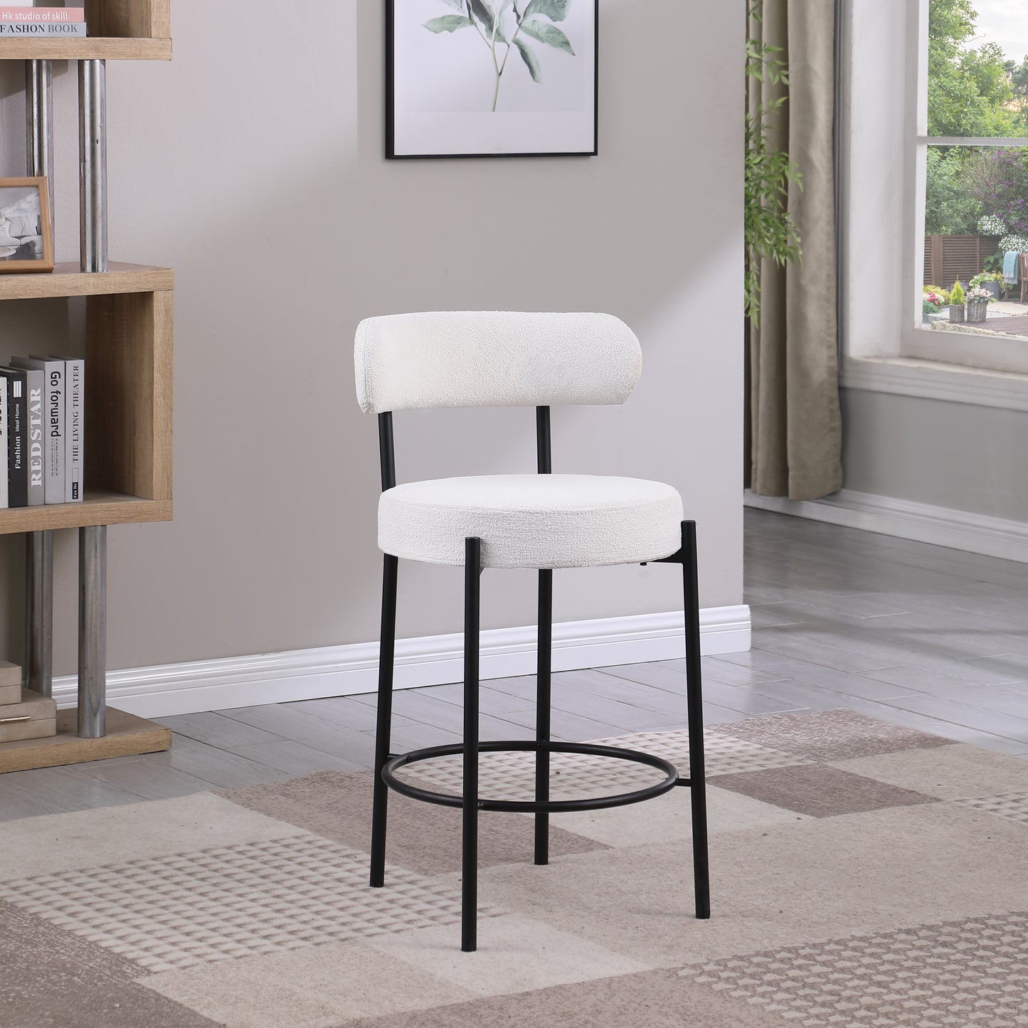 Vibrance Set of 2 White Bouclé Upholstered Counter Height Stools with Black Metal Legs 26” Seat Height, Modern Dining Chairs