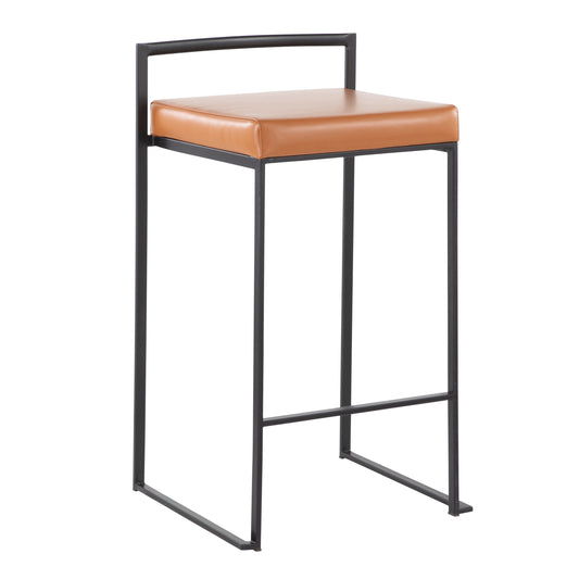 Farringdon - Set of 2 - 24" Contemporary Stackable Counter Stools in Black with Camel Faux Leather Cushion