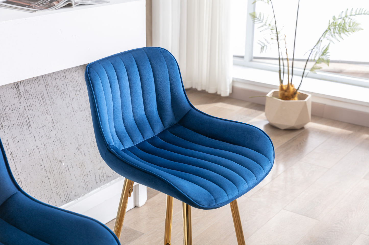 Havrynn - Set of 2 - 30" Blue Velvet Counter Stools with Golden Legs and Chrome Footrest, Modern Design