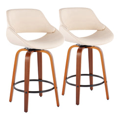 Fabroca - Set of 2 - 26" Walnut Wood, Mid-Century Modern Fixed-Height Counter Stool Black Footrest, and Cream Faux Leather Upholstery - 360° Swivel Design