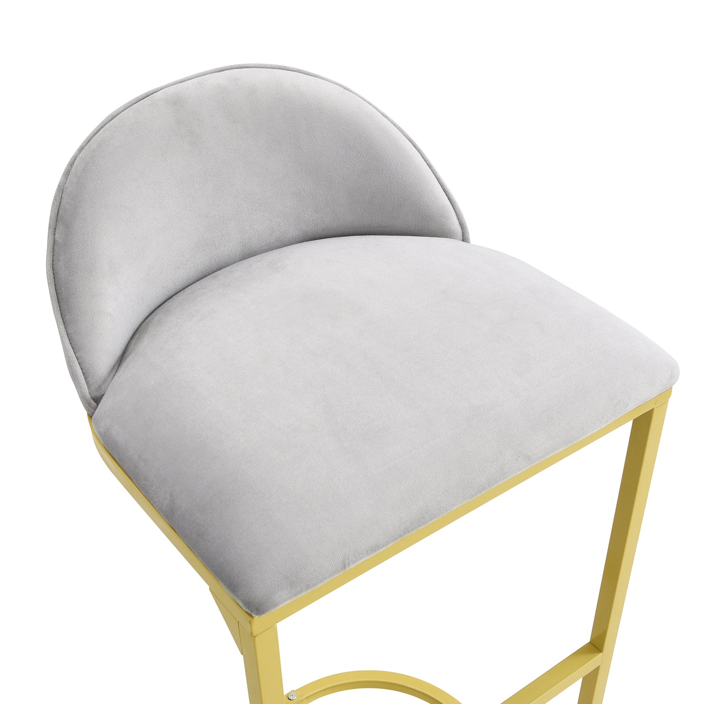 Thaddeus - Set of 2 - 30" Grey Velvet Upholstered Bar Stools with Gold Metal Frame, Padded Backrest, and Footrest