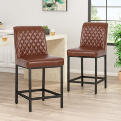 Salvatore - Set of 2 - 26" Light Brown PU Counter Stools with Diamond Tufted Upholstery and Iron Frame