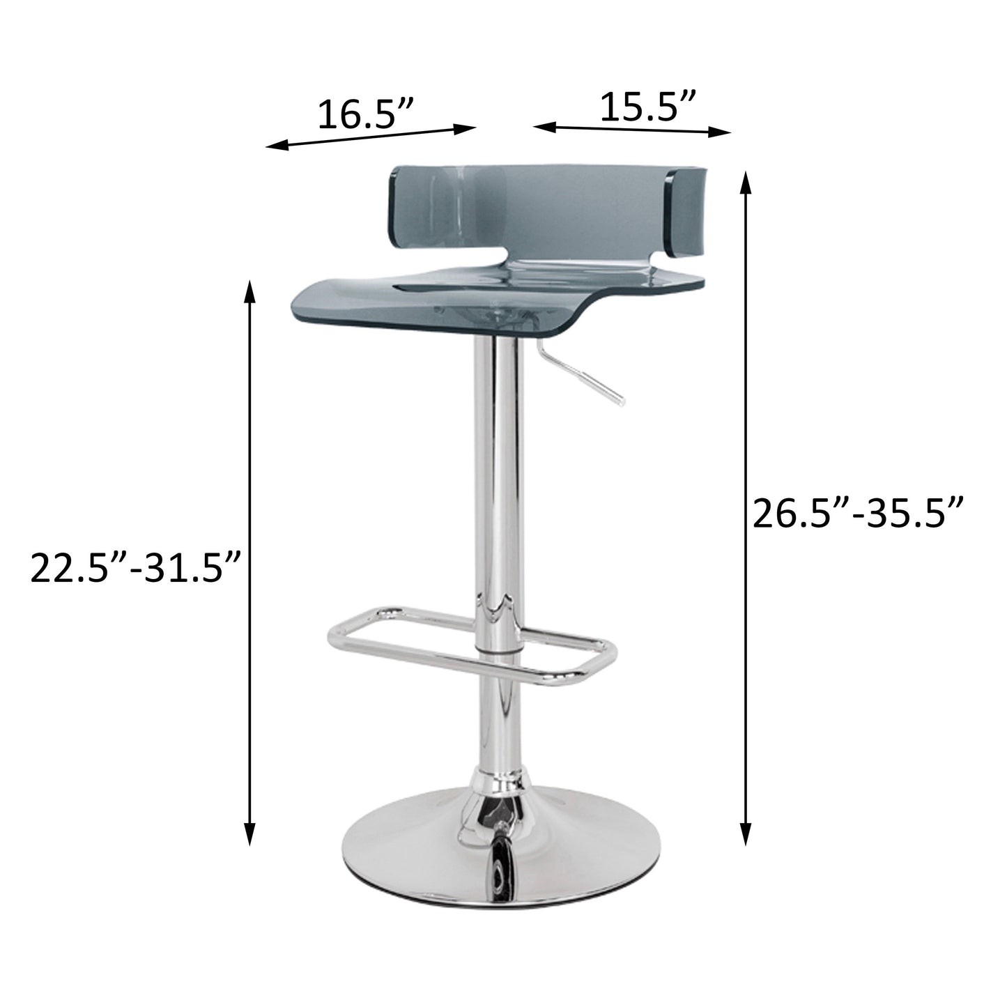 Malborough- Set of 2 - 36" Grey & Chrome Adjustable Swivel Bar Stools with 360° Mobility