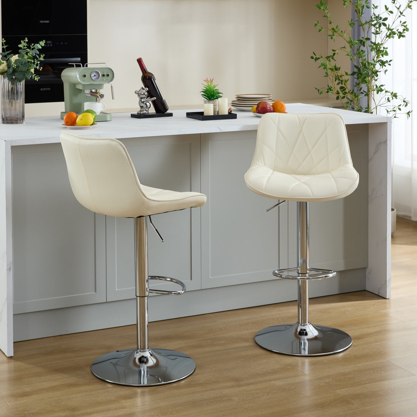 Shira - Set of 2 - 25-33" Cream PU Leather Adjustable Swivel Bar Stools with Back, Chrome Base, and Ergonomic Design for Kitchen Island or Bar