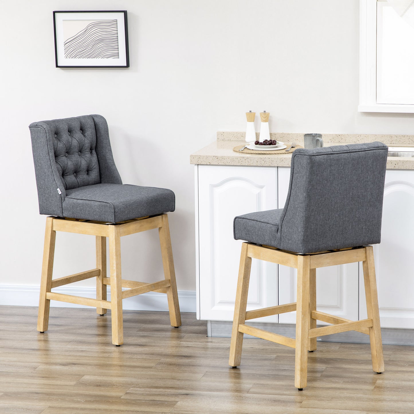 Hercules - Set of 2 - 30" Bar Height Bar Stools with 180° Swivel, Gray Button Tufted Design, and Solid Wood Footrests for Kitchen & Dining