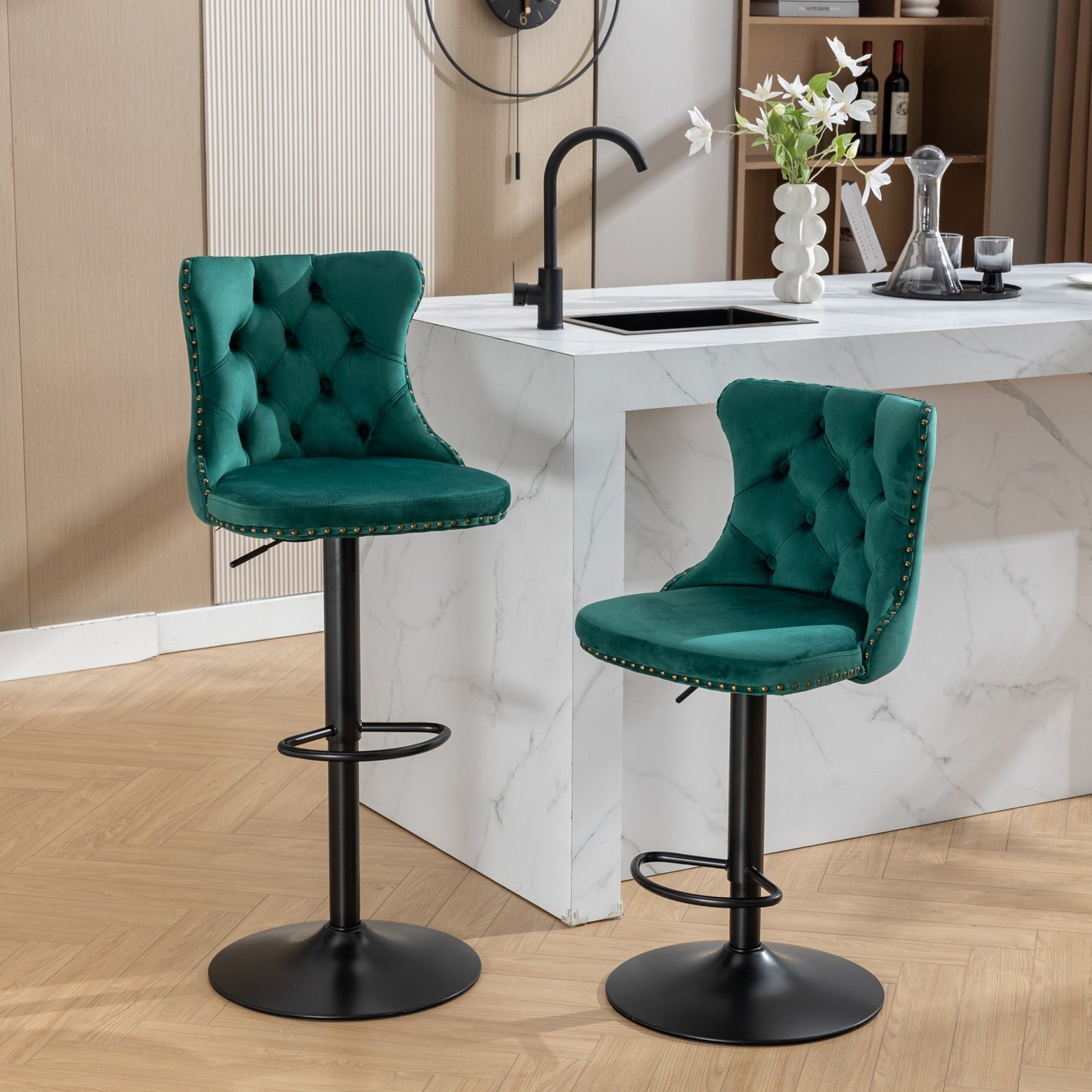 Luxury  - Set of 2 - 25" Green Velvet Swivel Barstools with Adjustable Seat Height, Upholstered Tufted Chairs & Copper Nailheads