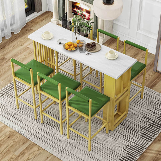 TREXM - Set of 7 - 30" Modern Counter Height Dining Bar Table Set with Open Shelves, White and Green (63” L x 19.7” W x 41.3” H) and 6 Upholstered Stools