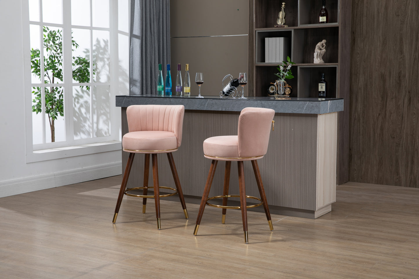 Lavantro - Set of 2 -28" Counter Height Handcrafted Swivel Bar Stools with Pink Fabric, Solid Wood Legs & 360° Rotation - Vintage Retro Design