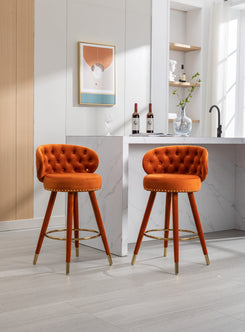 Miple - Set of 2 - 28" Orange Velvet Swivel Counter Height Bar Stools with Backrest, Footrest, and Solid Wood Legs, Retro Style