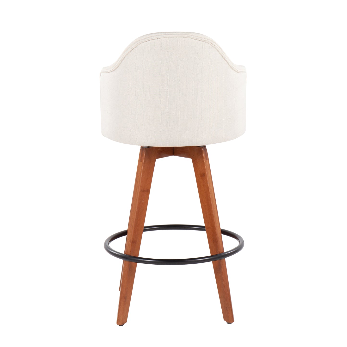 Talia - Set of 2 - 26" Cream Fabric Counter Stools with 360° Swivel, Walnut Bamboo Legs, and Round Black Metal Footrest