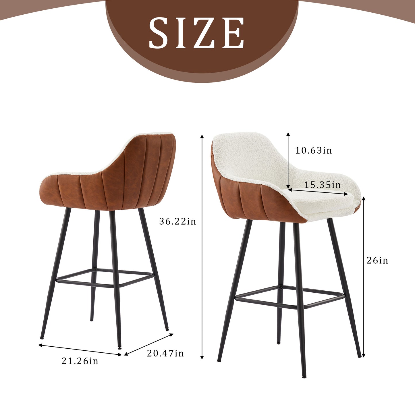 Marston - Set of 2 - 26" Modern Counter Height Bar Stools, Mid-Century Upholstered Leather Accent Armchairs with Metal Legs for Kitchen & Dining Room