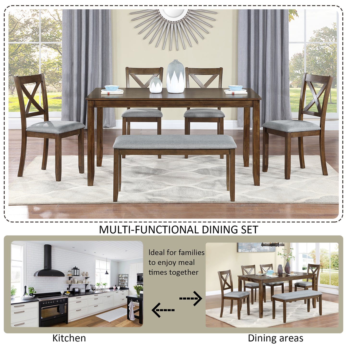 Walnut - Set of 6 - 24" Kitchen Dining Set – Rectangular Table with Upholstered Chairs & Bench, Acacia Wood, Seats 6 (58.5'' x 34.5'' x 30'')