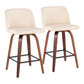 Larabel - Set of 2 - 26" Walnut Wood Counter Stools with Cream Faux Leather Upholstery & Black Footrest