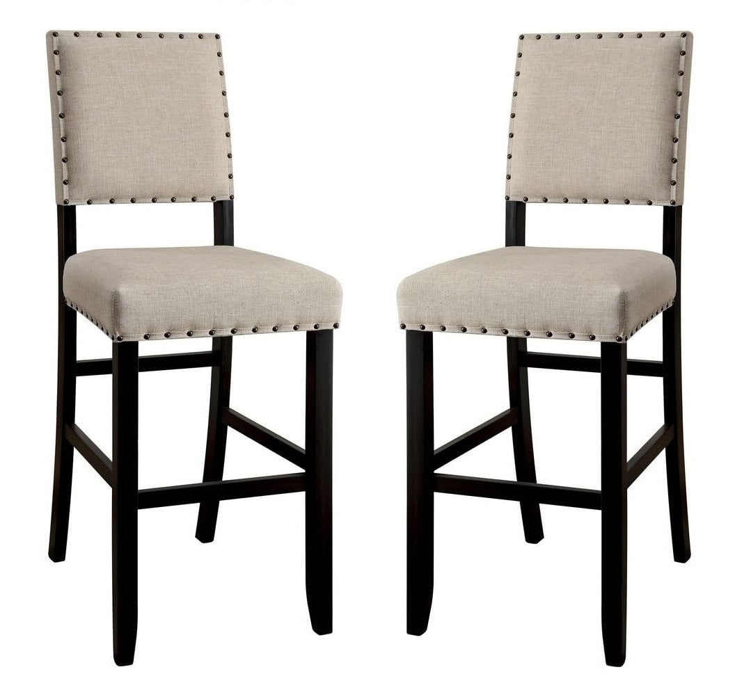 Sariah - Set of 2- 24" Height  Ivory Linen Counter Stools  with Nailhead Trim and Antique Black Solid Wood Frame