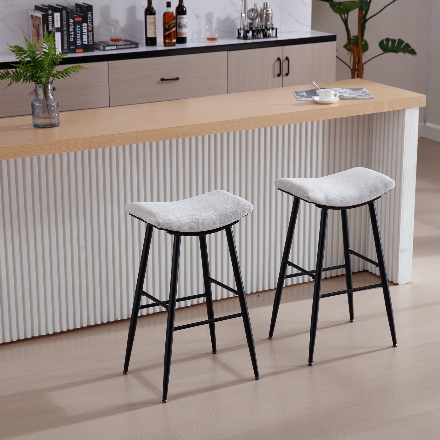 Darwin- Set of 2 - 30" Beige and Pale Blue Modern Linen Upholstered Bar Stools with Footrest