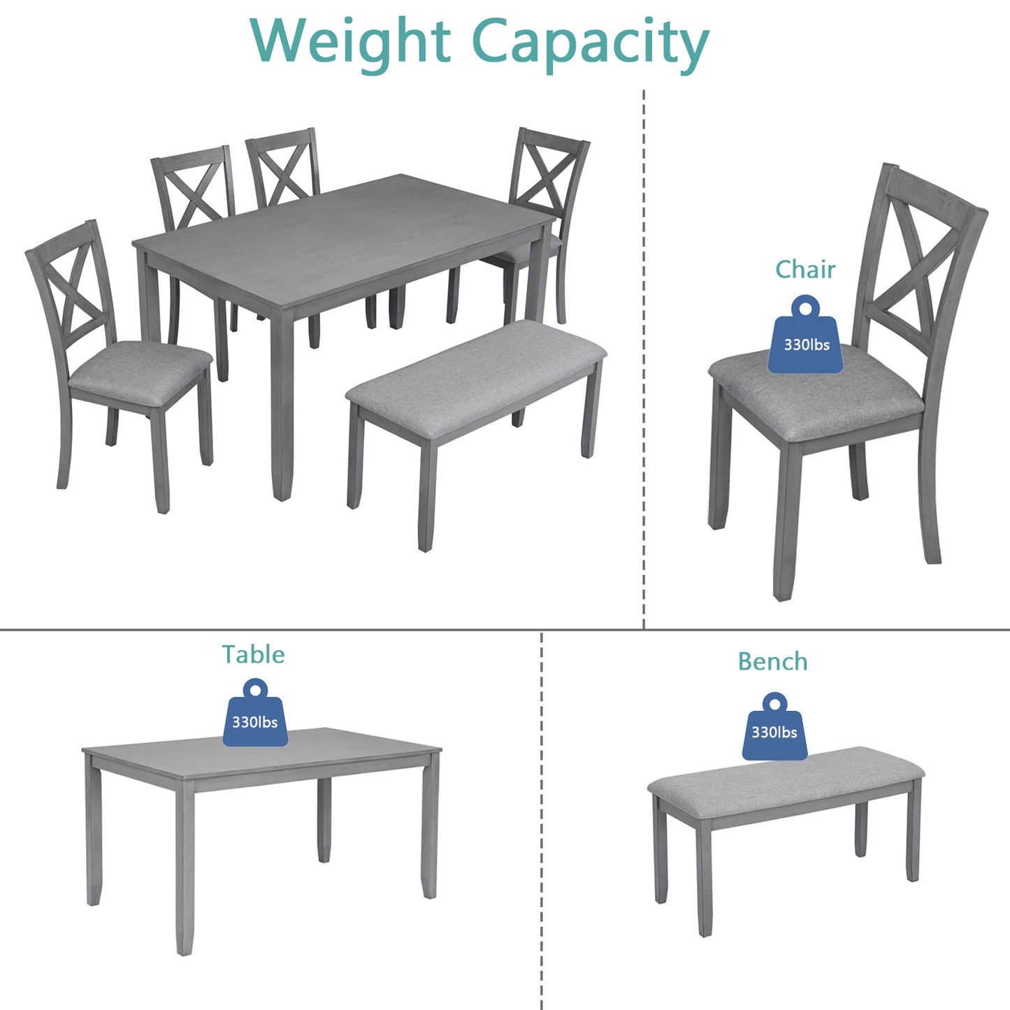 Glenn - Set of 6 - 25” Kitchen Dining Set with Rectangular Acacia Wood Table, 4 Upholstered Chairs & Bench - Seats 6