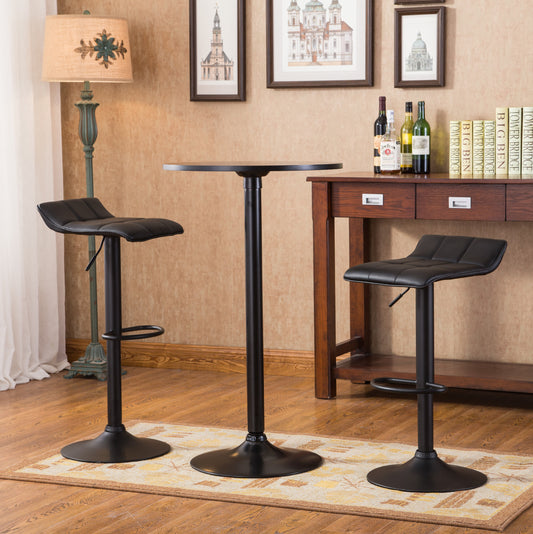 Syvior - Set of 2 - 30" Seat Height, Adjustable Black Bar Table with Round Top & 2 Swivel Bonded Leather Stools