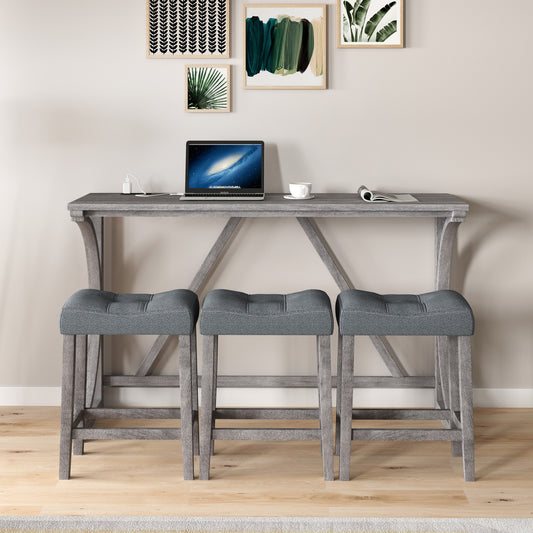 Hadden - Set of 4 - 30” Gray Industrial Bar Table Set with Power Outlet, 3 Stools, Solid Wood + MDF - Dining, Game, or Living Room, 59” x 19” x 36”