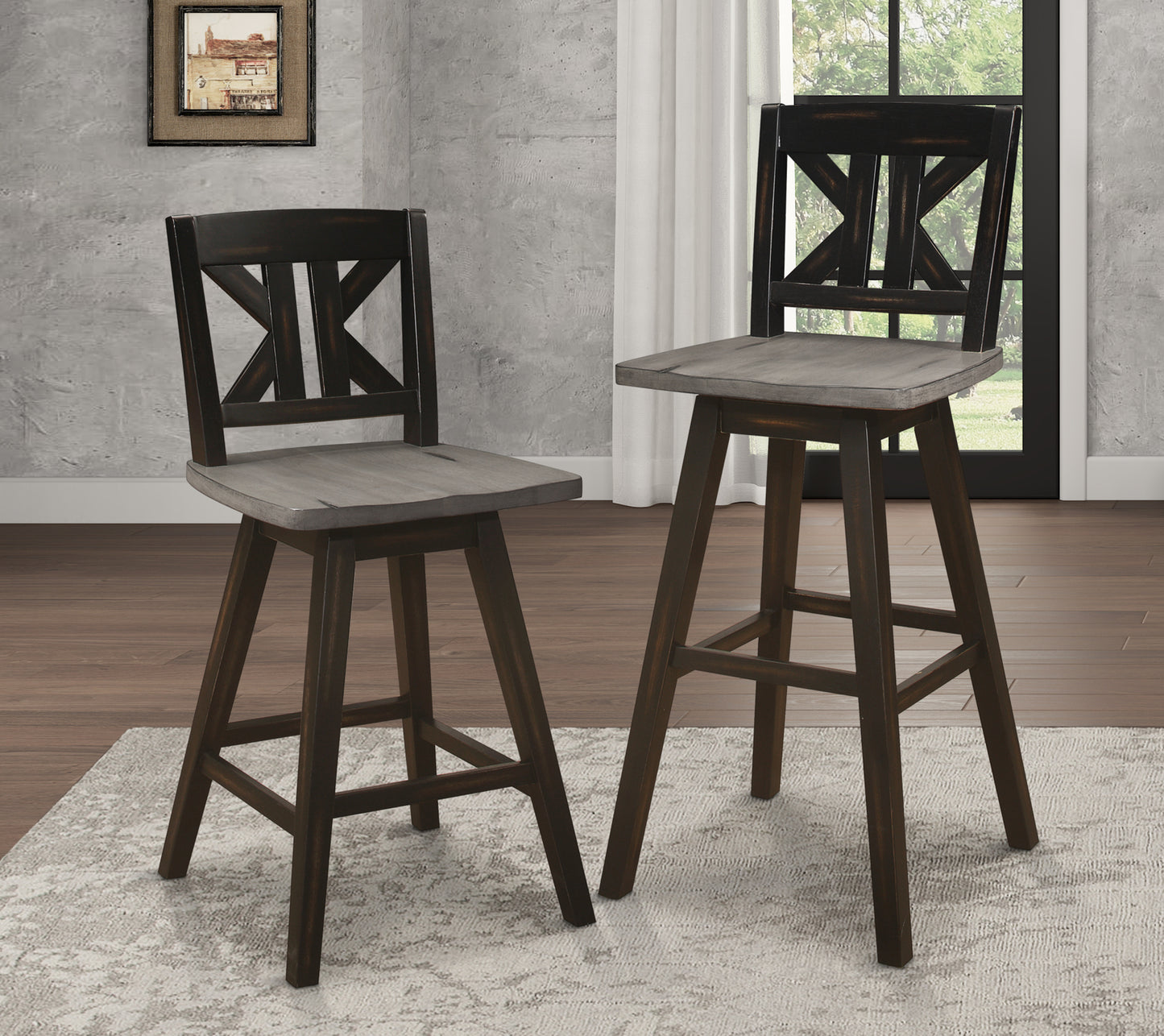 Aviana - Set of 2 - 29" Distressed Gray and Black 360° Swivel Pub Height Chairs with Solid Rubberwood Frame and Divided X-Back