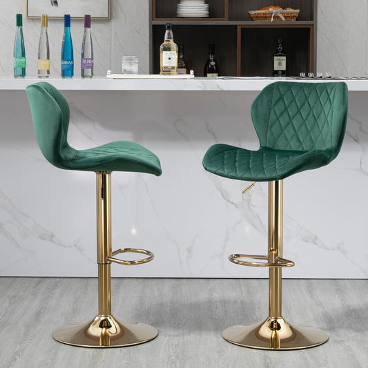 Lorrenis - Set of 2 - 24" Green Velvet Adjustable Swivel Counter Stools with Gold Base