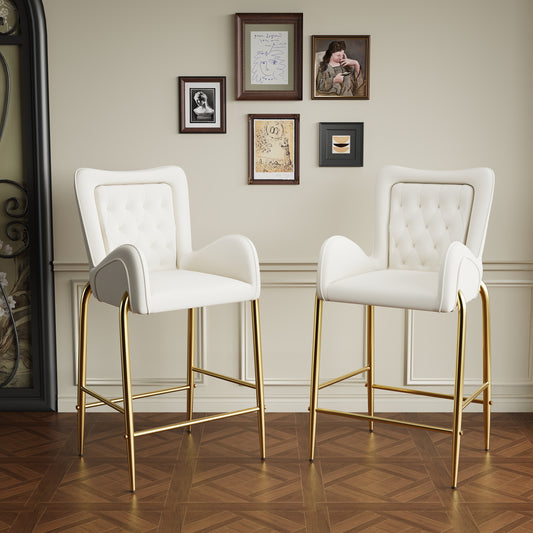 Napa - Set of 2 - 20" White Velvet Counter Height Bar Stools with Gold Frame, Footrests, and Tufted Back