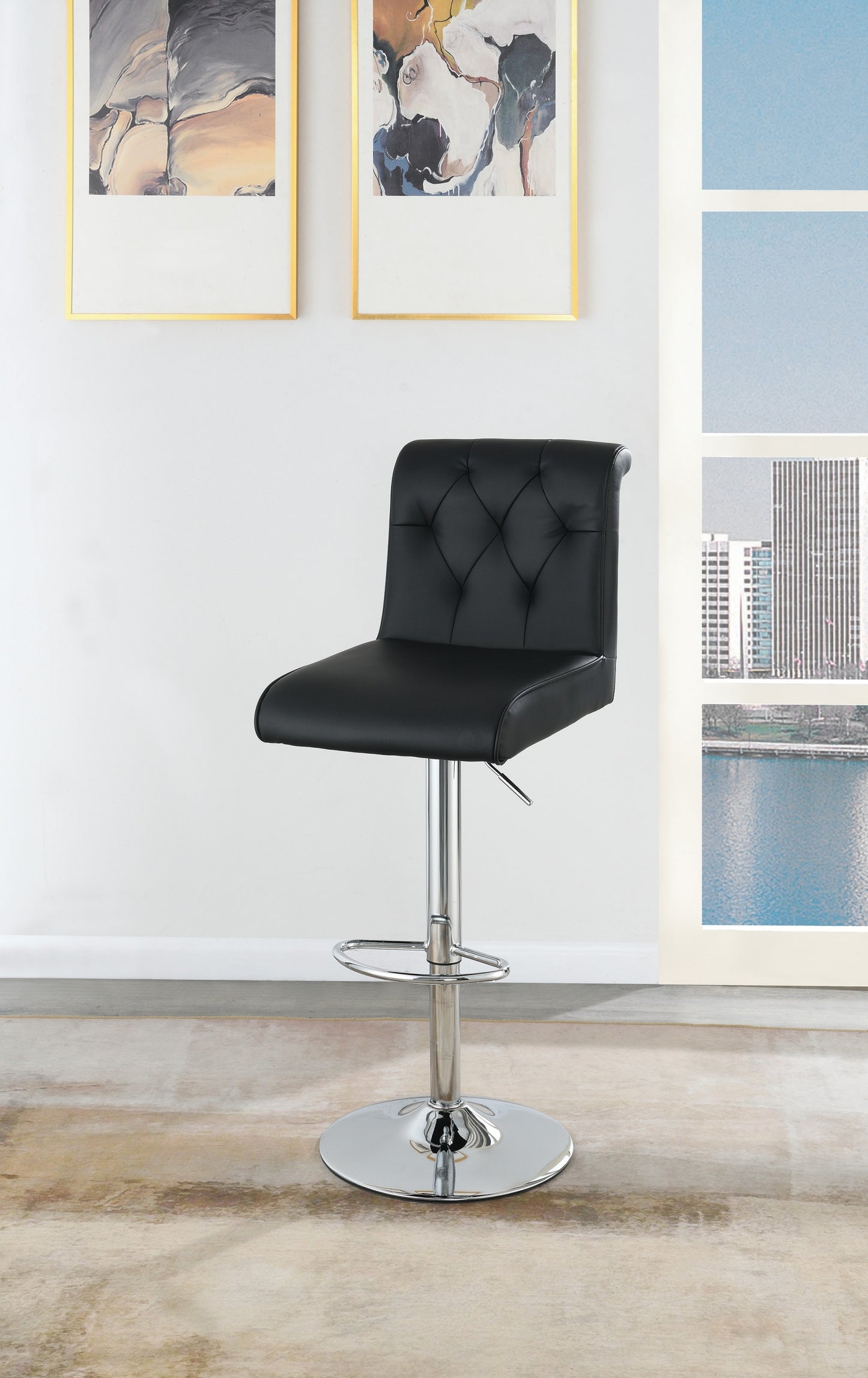 Luent – Set of 2 – 24" Adjustable Black Bar Stools with Tufted Back, Gas Lift, Chrome Base, and Faux Leather Upholstery