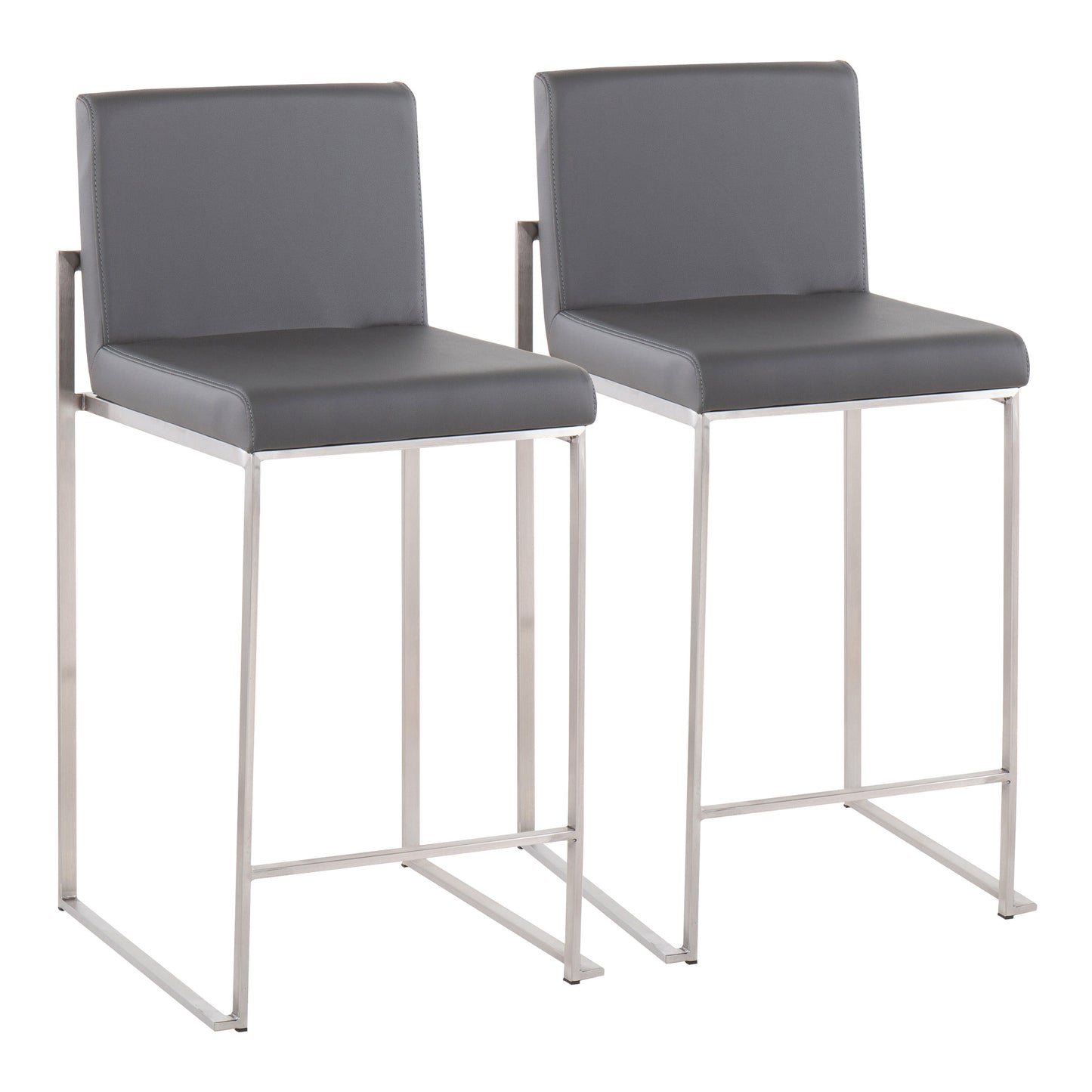 Frosthaven - Set of 2 - 25" Grey Faux Leather High Back Counter Stools with Stainless Steel Frame