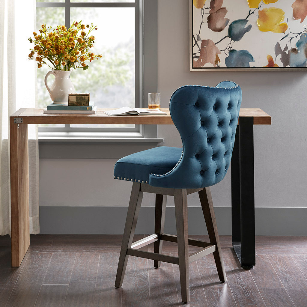 Sovelle - Set of 2 - 26" Dark Blue Wingback Upholstered Swivel Counter Stools with Nailhead Accent and Solid Wood Legs