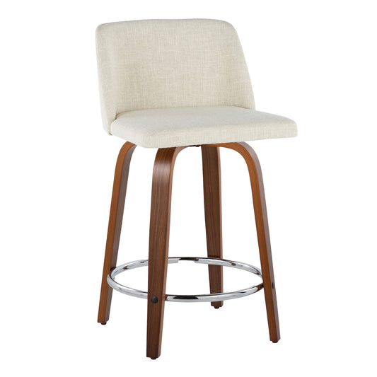 StratosBlend - Set of 2 - 24" Mid-Century Modern Swivel Counter Stools with Cream Fabric Upholstery, Walnut Wood, Chrome Footrest, and Fixed Height